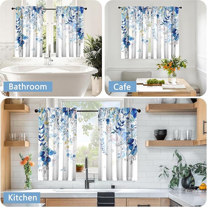 Blue Eucalyptus Leaves Kitchen Curtains Watercolor Plant Floral Curtains 39 Inches Spring Summer Blue and White Cafe Small Drapes Farmhouse for Bathroom RV Camper Light Filtering Rod Pocket 2 Panels