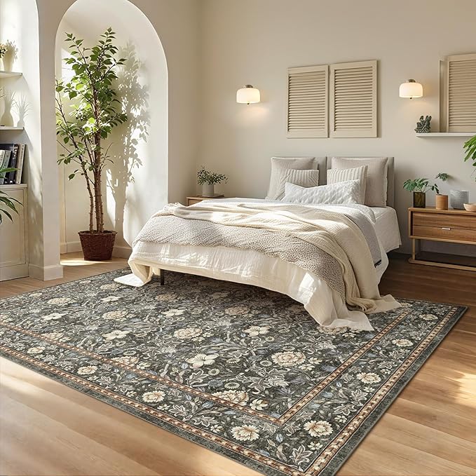 GarveeHome Washable Area Rug 5x7, Retro Floral Low Pile Non Slip Living Room Rug Soft Cottage Core Rug Farmhouse Indoor Carpet for Bedroom Dining Room Playroom
