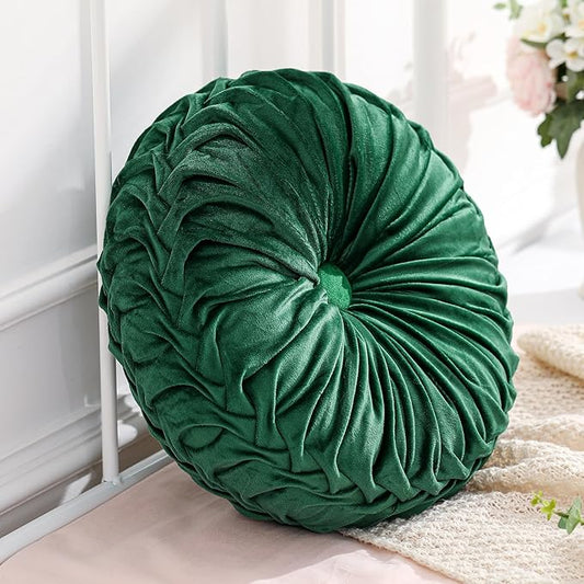 Drydiet 1 Pcs Round Throw Velvet Pillows Decorative Pleated Throw Pillows 15'' Diameter Accent Pumpkin Boho Chair Cushion for Couch Sofa Home Decoration (Deep Teal)