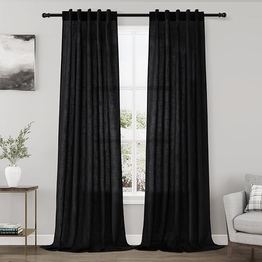 Black Linen Curtains 90 inches Long for Bedroom Back Tab Light Filtering Privacy Sheer Black Curtains Modern Farmhouse Coastal Decor Black Cotton Textured Gauze Curtain 2 Panel Set 38x90