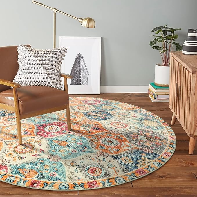 Lahome Moroccan Trellis Washable Round Area Rug, Round Rug 5ft Soft Non-Slip, Non-Shedding Distressed Circle Carpet for Bedroom Living Room Bathroom Nursery Kitchen Elise, Cream/Multi