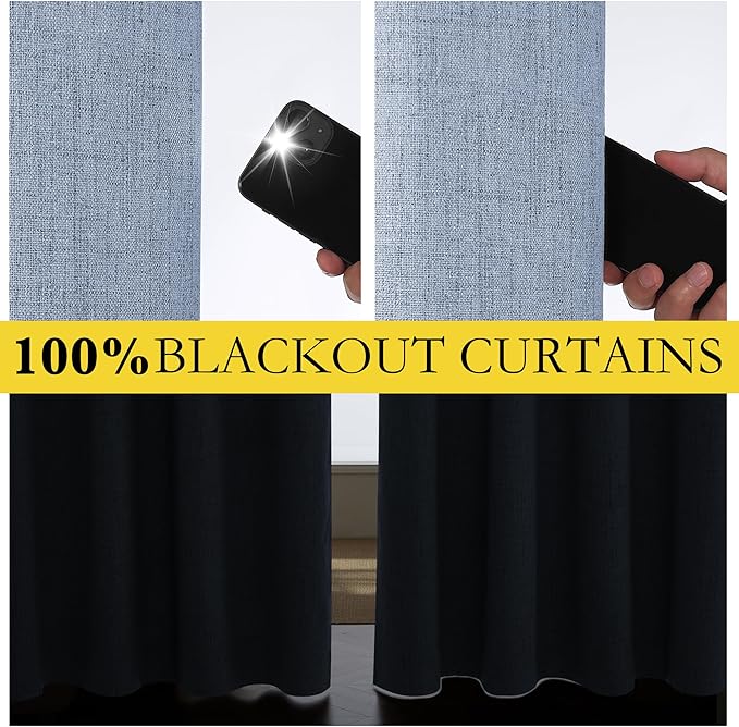 NICETOWN Stone Blue Vintage Linen 100% Blackout Curtains for Dining Room, Thermal Insulated Curtains 45" Long, Noise Reducing Window Treatment Drapes for Kitchen, 42" Wide Per Panel, Set of 2
