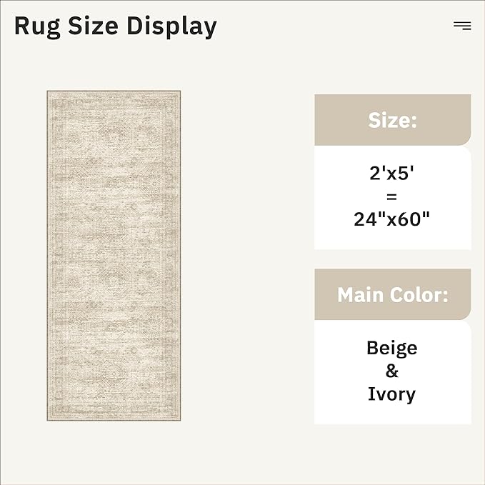 Soalmost Runner Rug 2x5 Washable Non-Slip Kitchen Runner Rugs for Bathroom Laundry Room Beige Vintage Floor Carpet Runners for Hallway Entryway