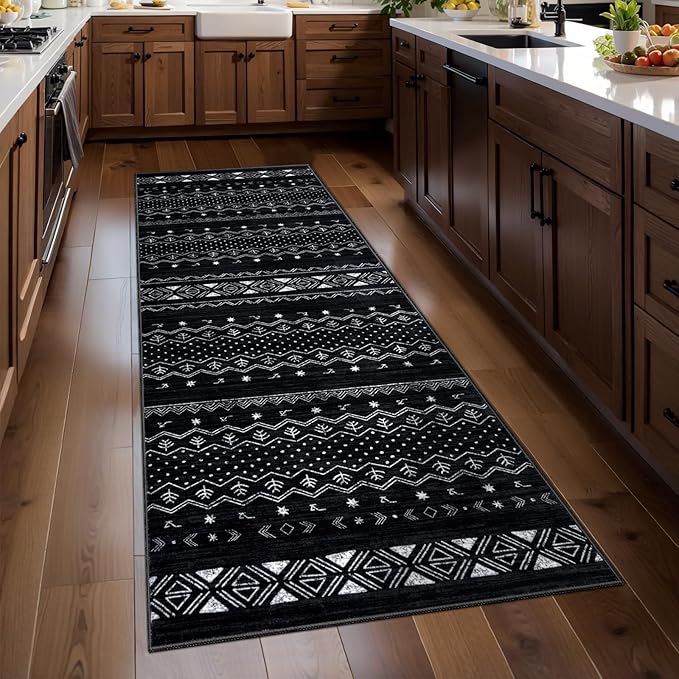 SERISSA 2x5 Kitchen Runner Rug, Washable Non-Slip Black and White Boho Rug, Soft Low-Pile Geometric Indoor Carpet for Hallway Laundry Room Bathroom Bedroom Entryway