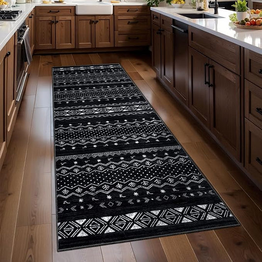 SERISSA 2x5 Kitchen Runner Rug, Washable Non-Slip Black and White Boho Rug, Soft Low-Pile Geometric Indoor Carpet for Hallway Laundry Room Bathroom Bedroom Entryway