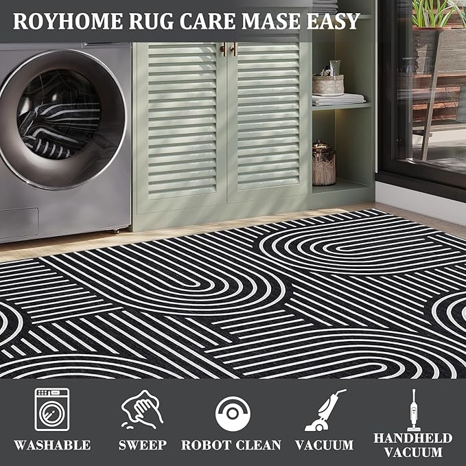 ROYHOME Washable Rug 8x10 Area Rugs for Living Room, Abstract Rug for Bedroom, Soft Rainbow Non Slip Throw Rugs with Rubber Back, Low Pile Stain Resistant Boho Geometric Carpet for Dining Room, Blue