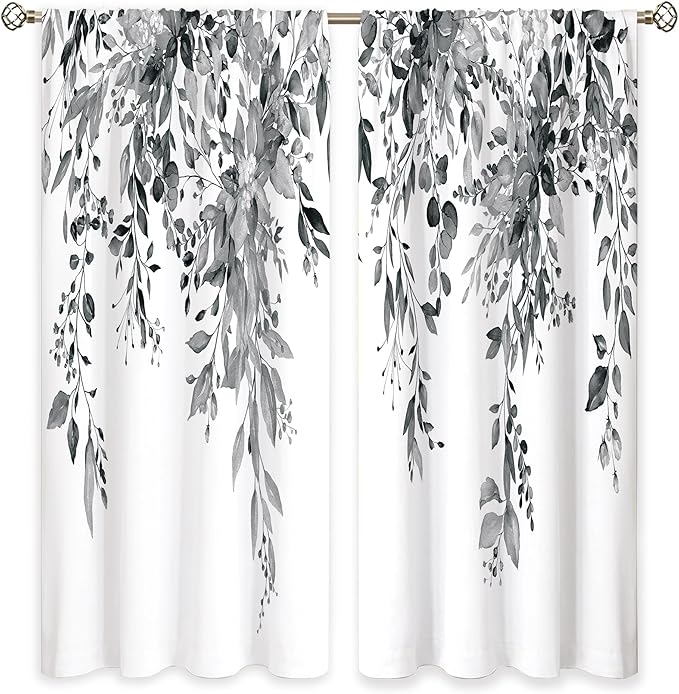 Grey Eucalyptus Botanical Leaves Floral Window Curtains Watercolor Black White Flower Plant Wildflower Farmhouse Curtain Drapes Herb Curtains for Bedroom Living Room Treatment 52Wx84H Inch
