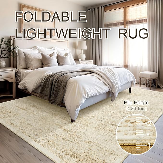 Soalmost Washable Area Rug 9x12, Large Soft Rugs for Living Room Vintage Beige Rug 9x12 Area Rugs for Bedroom Dining Room Floral Non-Slip Thin Rug