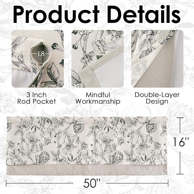 jinchan Linen Floral Valance for Windows Blackout Double Layer Valance Curtain 16 Inch Length for Living Room Bathroom Overlay Botanic Farmhouse Room Darkening 1 Panel Black on Beige