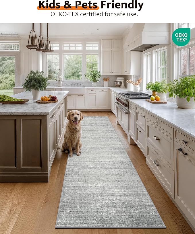 Art&Tuft Non-Slip Runner Rug - 2'6"x16' Runner Rug Washable Low-Pile Rugs Runners, Soft Distressed Carpet Runner for Bedroom Bathroom Kitchen Laundry Living Room, Grey