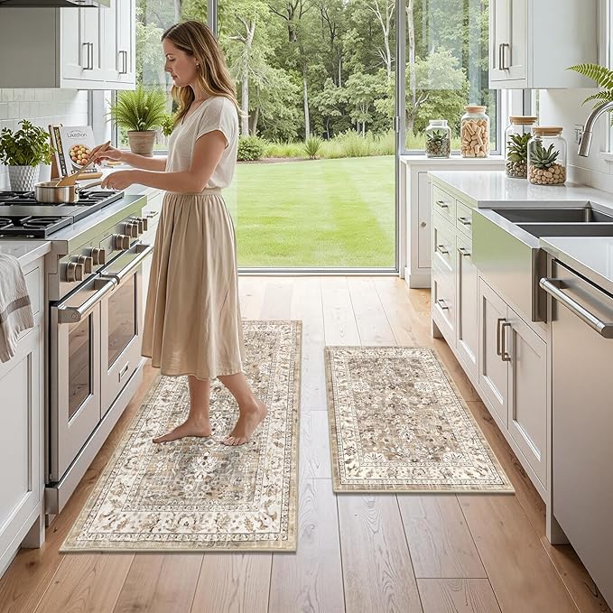 LOKHOM Washable Kitchen Rugs Sets of 2, Non Slip Floral Kitchen Mats for Floor with Rubber Backing, Boho Carpet Runner for Hallways Entryway Laundry Sink (2x3+2x4, Beige Brown)