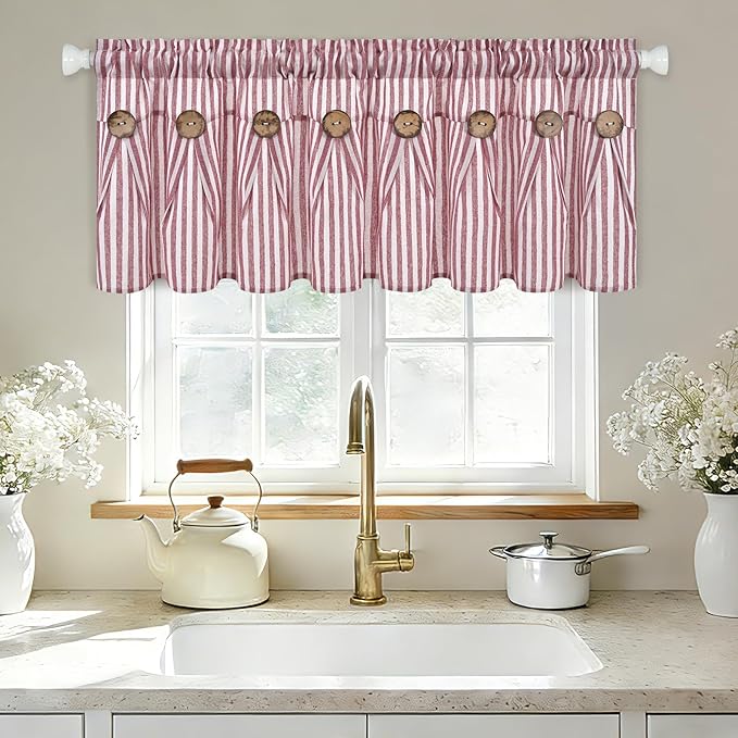 ASPMIZ Farmhouse Valances for Windows, Cotton Linen Kitchen Curtains Valances with Rustic Buttons, Red Striped Window Valance for Living Room, Boho Valance Curtains for Bathroom, 52 x 18 Inches