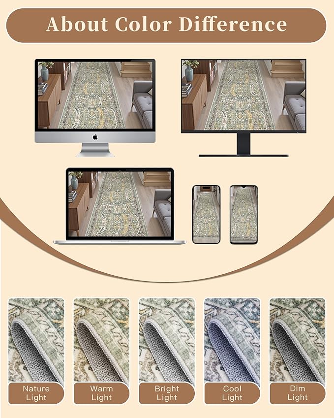 Madane Washable Runner Rug - 2x6 Rug Runners for Hallways 6 Feet Non Slip Vintage Kitchen Runner Rug Ultra-Thin Bathroom Runner Rugs Carpet Laundry Room Bedroom (2x6ft, Green/Gold)