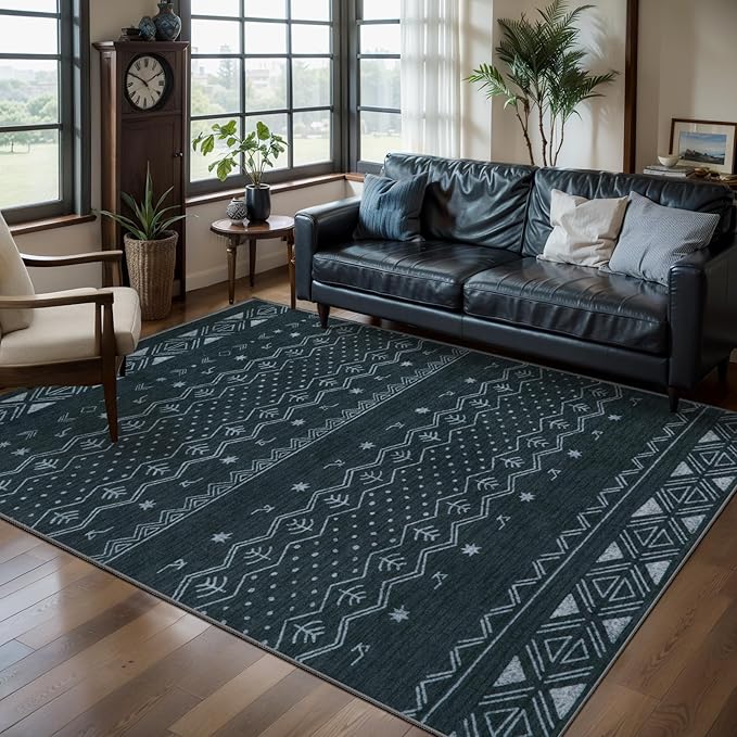 SERISSA 4x6 Area Rugs for Living Room, Washable Non-Slip Grey Boho Rug, Soft Low-Pile Geometric Indoor Carpet for Dining Room Bedroom Home Office Nursery