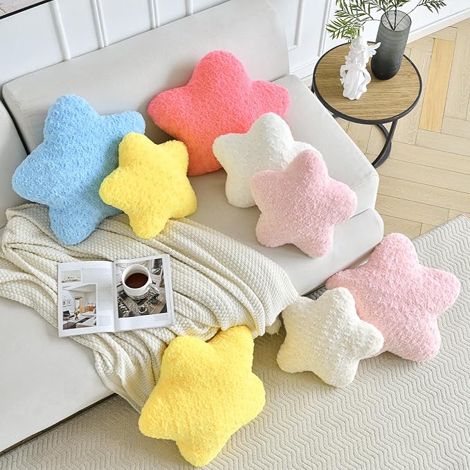 Star Pillow, 14.9" Star Shaped Plush Pillow for Couch Bed Sofa, Cute Decorative Throw Pillows with Soft Faux Fur Room Decor for Bedroom Living Room (Rose Pink)