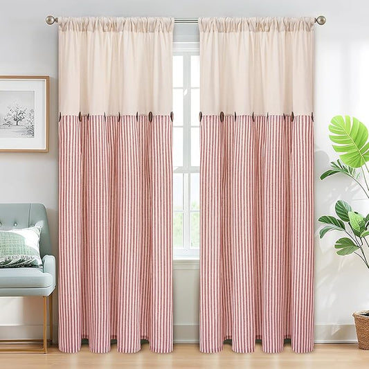 ASPMIZ Cotton Linen Curtains for Living Room, Rod Pocket & Back Tab Boho Curtains for Bedroom, Country Farmhouse Striped Curtain with Rustic Buttons, Home Decor, Orange, 52 x 84 Inch, 2 Panels