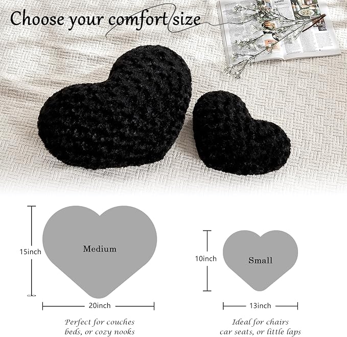 Heart Pillow Black Throw Pillows, Soft Fluffy Decorative Pillows for Bed Couch Chair, Cute Heart Shaped Room Decor Gifts for Valentine Anniversary Birthday Mothers Christmas (Small, 13"x10")