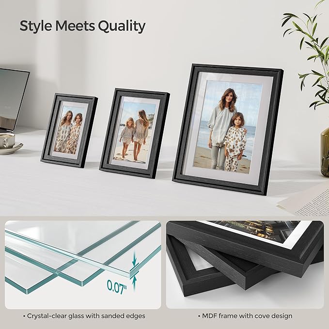 SONGMICS Picture Frames with 16 Mats, Set of 10 Collage Photo Frames, Two 8x10, Four 5x7, Four 4x6 Frames, Hanging or Table Display, Glass, 12 Non-Trace Nails, Ash Black URPF049B01