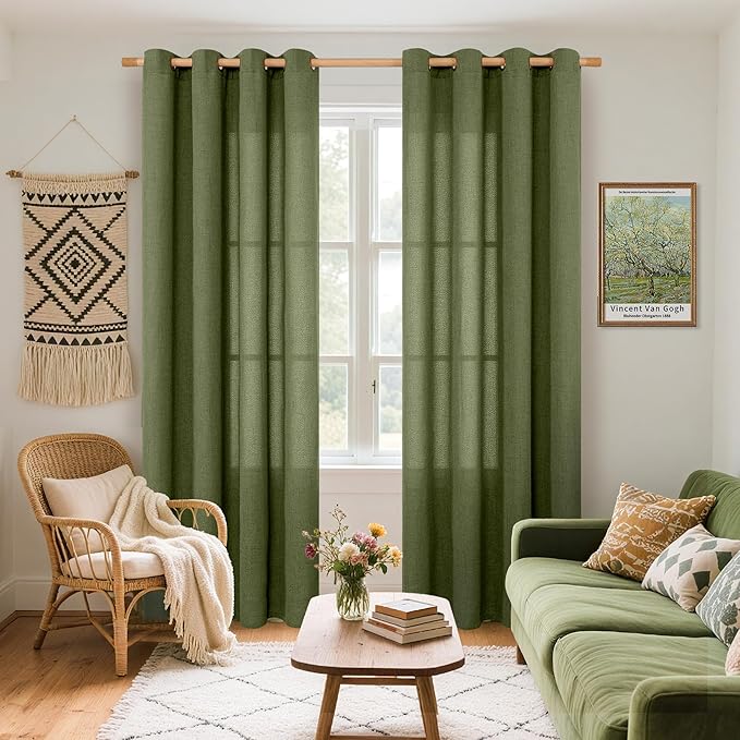YoungsTex Green Linen Curtains for Living Room 84 Inch Length, Dark Olive Light Filtering Drapes with Bronze Grommet Natural Window Treatments for Dining Bedroom, 2 Panels, 52 X 84 Inch