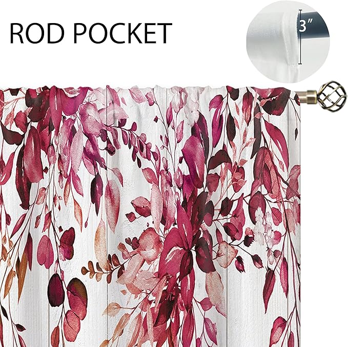 Wooden Burgundy Eucalyptus Small Kitchen Curtains Red Leaves Window Treatment Flower Floral Plant Botanical Cafe Short Curtains for Bathroom Dining Fall Tier Treatment Drapes 27.5x39 inch