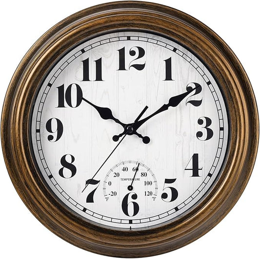 45MinST 12 Inch Indoor/Outdoor Retro Round Waterproof Wall Clock with Thermometer, Silent Non-Ticking Battery Operated Quality Quartz Wall Clock Home/Patio Decor(Bronze)