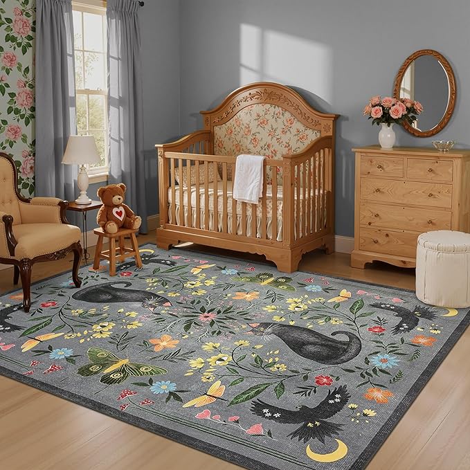 GarveeHome 4x6 Cat Washable Area Rug for Nursery Room, Mushroom Floral Grey Bedroom Rug Non Slip Low Pile Butterfly Carpet Stain Resistant Throw Rug for Dorm Kids Room Office Dining Room