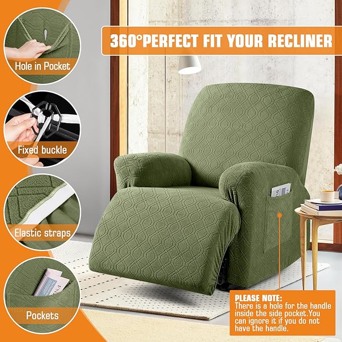 VANSOFY Oversized Recliner Chair Cover, 4-Pieces Stretch Recliner Covers for Recliner Chair Soft Reclining Chair Slipcover Jacquard Pattern Furniture Protector for Dogs Cats(Army Green)