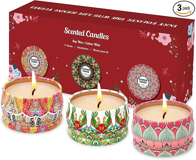 Scented Candles Gift Set,3 Pack Candles for Home Scented, Long Lasting Soy Wax Aromatherapy Candle Set, Gifts for Women with Gift Box(Rose.Vanilla.Orange)