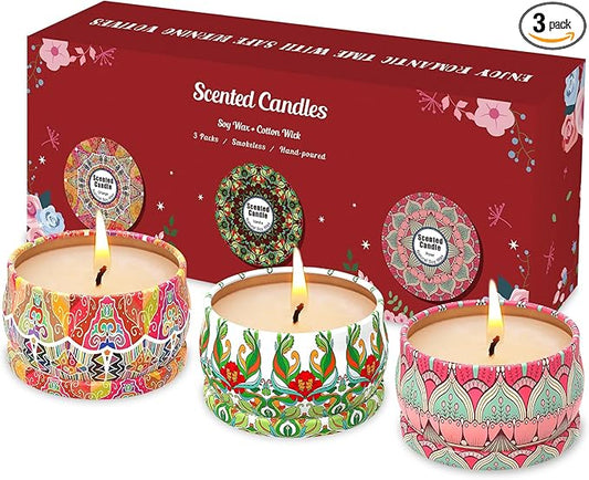 Scented Candles Gift Set, 3 Pack Candles for Home Scented, Long Lasting Soy Wax Aromatherapy Candle Set, Gifts for Women with Gift Box, Baby Shower Prizes (Rose.Vanilla.Orange)