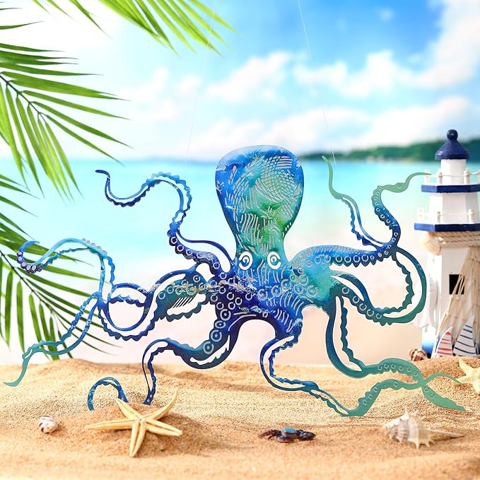 Zhengmy Octopus Metal Wall Art Octopus Wall Decor 18 x 11 Inch Extra Large Tropical Nautical Hanging Sculpture Beach Ocean Theme Home Bedroom Decoration Summer Gifts(Ocean Blue)