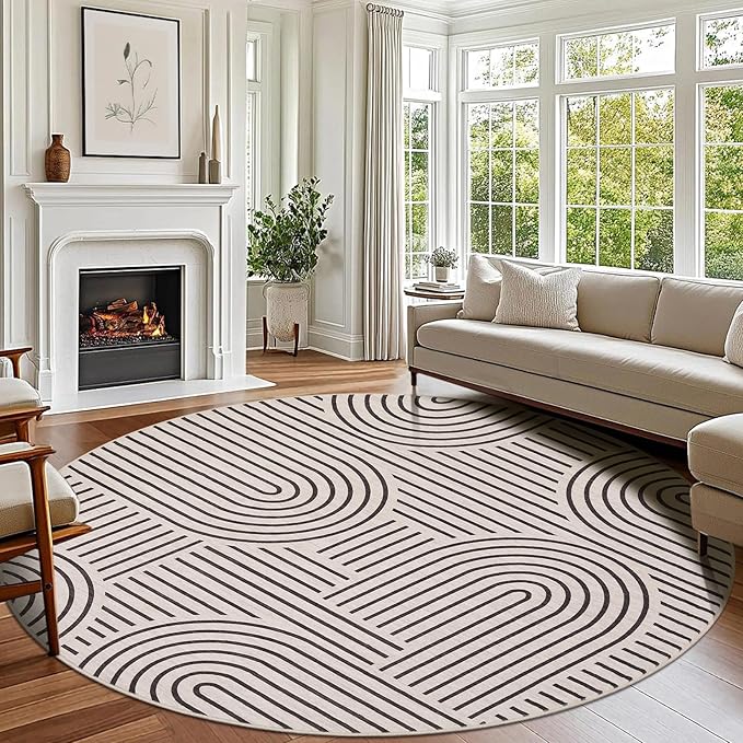 Washable Rug 6ft Area Rugs for Living Room, Abstract Rug for Bedroom, Soft Rainbow Non Slip Throw Rugs with Rubber Back, Low Pile Stain Resistant Boho Geometric Carpet for Dining Room,LightCamel
