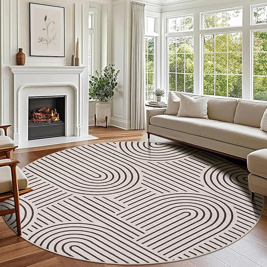 Washable Rug 6ft Area Rugs for Living Room, Abstract Rug for Bedroom, Soft Rainbow Non Slip Throw Rugs with Rubber Back, Low Pile Stain Resistant Boho Geometric Carpet for Dining Room,LightCamel