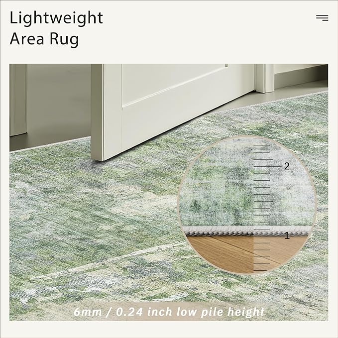 Soalmost 7x9 Area Rug for Living Room Washable Abstract Vintage Soft Thin Indoor Floor Non-Slip Carpet for Bedroom Dining Room Green/Ivory