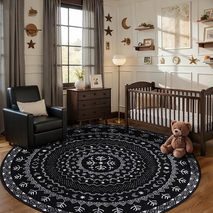 SERISSA Round Area Rug, 5ft Washable Non-Slip Black and White Boho Circle Rug, Soft Low-Pile Geometric Indoor Circular Carpet for Bedroom Entryway Living Room Dining Room