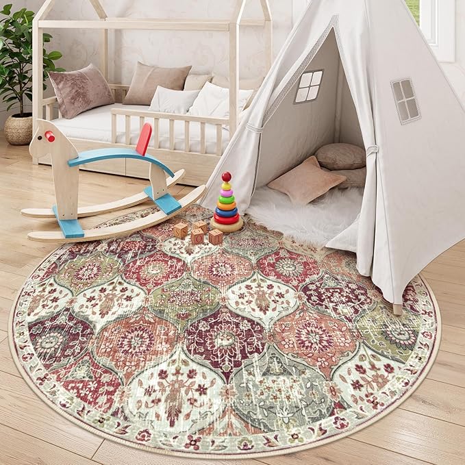 Lahome Moroccan Trellis Round Area Rugs, Washable Small Round Rug 3ft Non-Slip, Soft Vintage Ultra-Thin Circle Carpet for Bedroom Entryway Laundry Bathroom Elise, Orange/Terracotta
