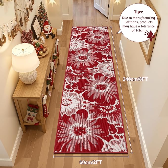 Findosom Christmas Runner Rug 2x8, Non Slip High-Low Textured Floral Washable Runner Rug with Rubber Backing, Boho Carpet Runners for Hallway, Kitchen, Entryway, Bedroom, Laundry & Holiday Decor, Red