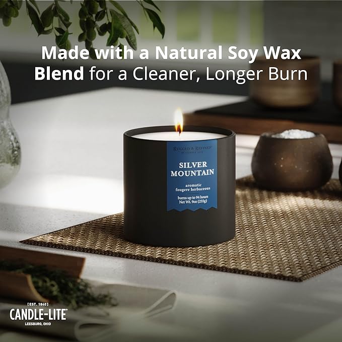 Candle-lite Rugged & Refined Scented Candle for Men, Silver Mountain, 9 oz Tin, Poured in The USA, Masculine Fragrance, 1-Wick, 58 Hours of Burn Time, Ideal Gift for Man in Your Life & Father's Day