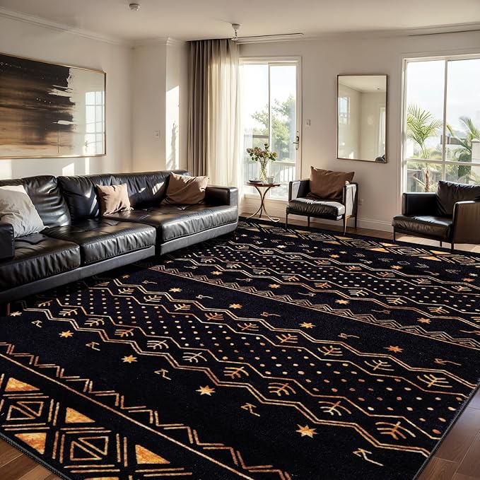 SERISSA 8x10 Area Rugs for Living Room, Washable Non-Slip Black and Gold Boho Rug, Soft Low-Pile Geometric Indoor Large Carpet for Dining Room Bedroom Home Office Playroom