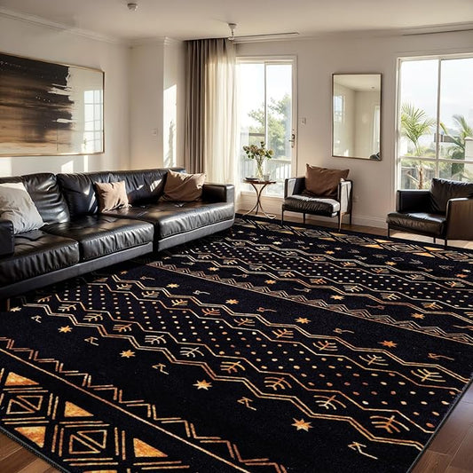 SERISSA 8x10 Area Rugs for Living Room, Washable Non-Slip Black and Gold Boho Rug, Soft Low-Pile Geometric Indoor Large Carpet for Dining Room Bedroom Home Office Playroom