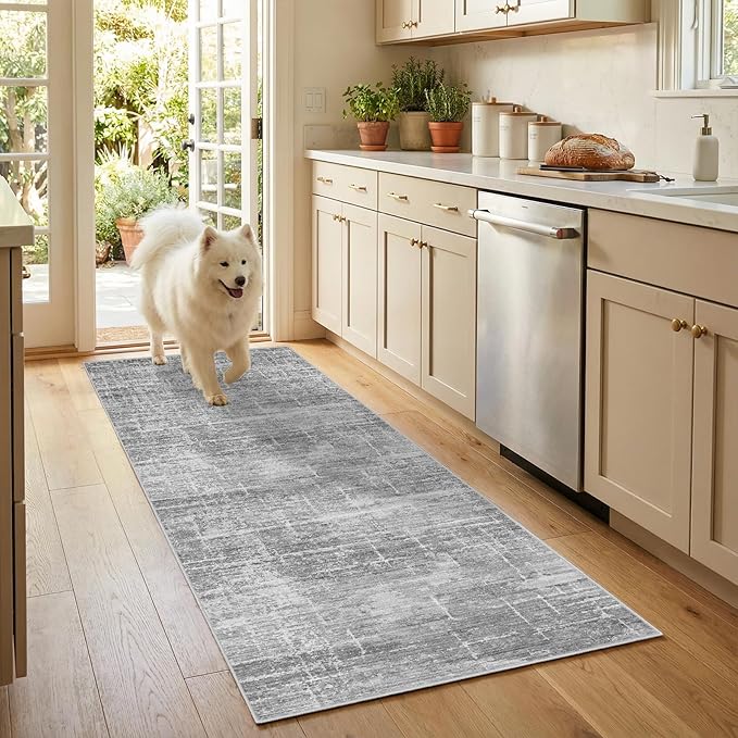 2x6 Washable Kitchen Runner Rug - Modern Abstract Neutral Carpet with Non-Slip Backing Low-Pile Stain-Resistant Thin Runners for Hallway Bathroom Bedroom Entryway (2x6, Gray)