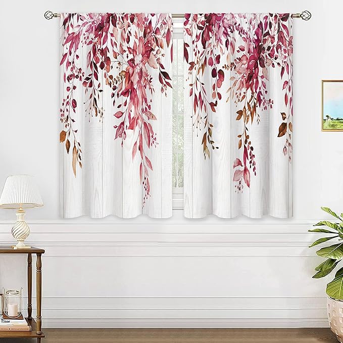 Wooden Burgundy Eucalyptus Small Kitchen Curtains Red Leaves Window Treatment Flower Floral Plant Botanical Cafe Short Curtains for Bathroom Dining Fall Tier Treatment Drapes 27.5x39 inch