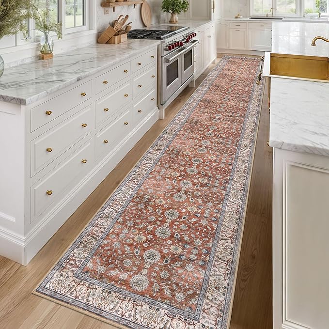 KUTA Vintage Washable Long Hallway Runner Rug, 2.6x16 Red Clay Non-Slip Kitchen Rugs Ultra Thin Soft Printed Distressed Oriental Floral Floor Carpet for Laundry Bedroom Living Room Nursery