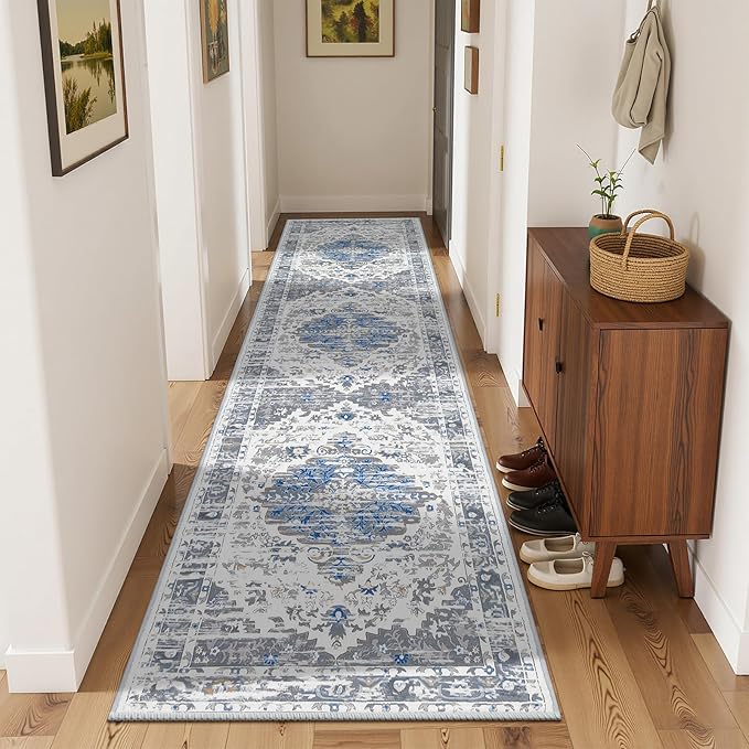Ileading Washable Hallway Runner Rugs, 2x8 Non Slip Runners Area Rug for Entryway Kitchen Bathroom Bedroom Laundry Living Room, Long Narrow Low-Pile Floor Carpet Boho Vintage Throw Mat for Kids Room