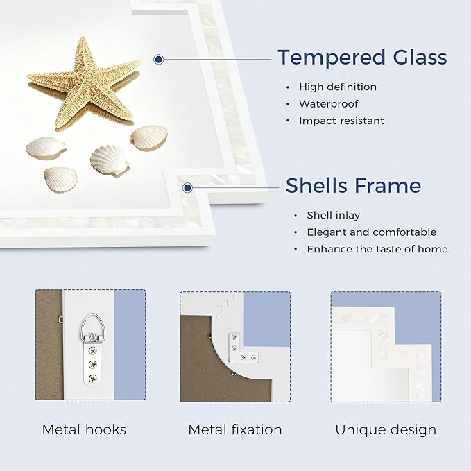 Tanmicoshomy 24 x 36 Inch White Bathroom Mirrors for Wall, Decorative Shell Inlay Mosaic Rectangle Mirrors with Tempered Glass for Bedroom, Living Room or Entryway