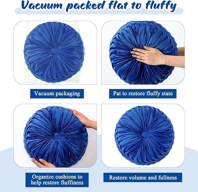 Drydiet 1 Pcs Round Throw Velvet Pillows Decorative Pleated Throw Pillows 15'' Diameter Accent Pumpkin Boho Chair Cushion for Couch Sofa Home Decoration (Navy Blue)