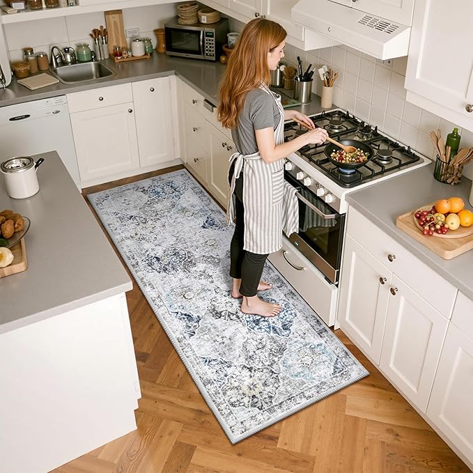 Ileading Washable Hallway Runner Rugs, 2x6 Non Slip Runners Area Rug for Entryway Kitchen Bathroom Bedroom Laundry Living Room, Long Narrow Low-Pile Floor Carpet Boho Vintage Throw Mat for Kids Room