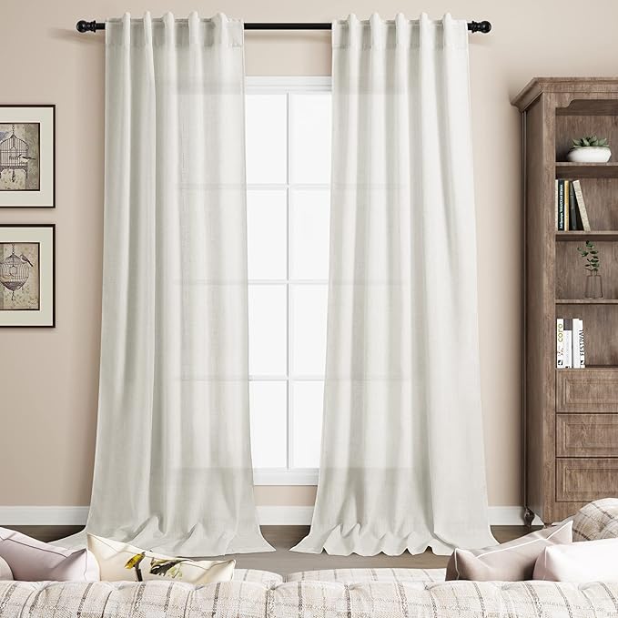 Nanspring 2 Panels Set Cream Linen Curtains 108 inches Long for Living Room Extra Back Tab Neutral Farmhouse Light Filtering Semi Sheer Drapes Ceiling to Floor Ivory 9 FT 38 Wide