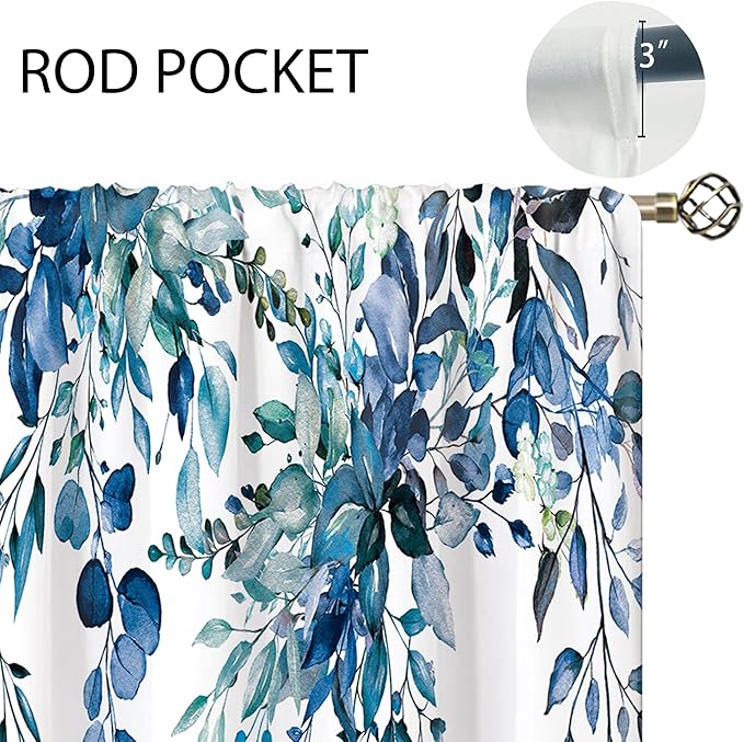 Teal Eucalyptus Botanical Leaves Floral Small Kitchen Curtains Blue Flower Window Treatment Wildflower Plant Cafe Short Window Curtains for Bathroom Room Tier Treatment Drapes 26x45 inch