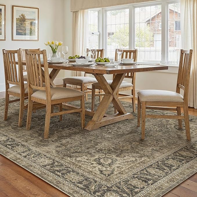 6x9 Washable Area Rug Brown Vintage Non Slip Soft Low Pile Rug for Living Room Bedroom Dining Room Office Distressed Oriental Indoor Throw Carpet for Home Decor