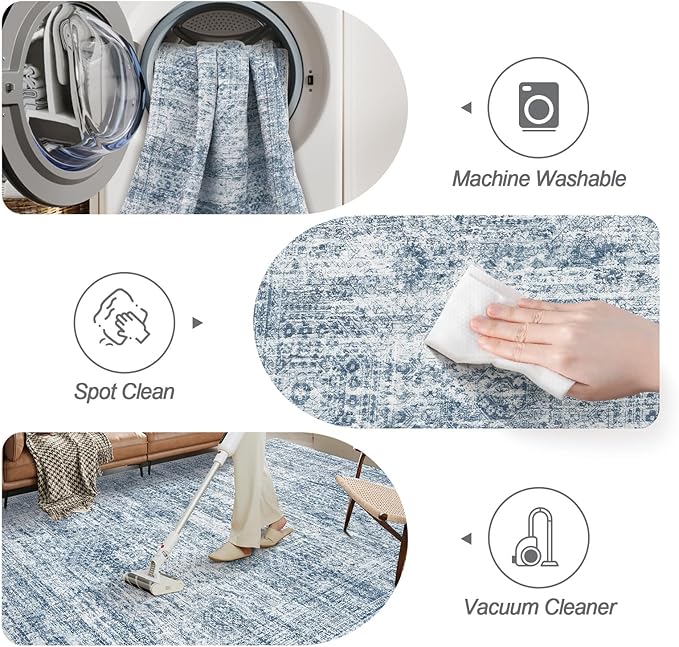 Soalmost 9x12 Area Rugs for Living Room, Non Slip Machine Washable Vintage Rugs, Low Pile Lightweight Large Rug for Bedroom, Dining Room, Home Office Blue